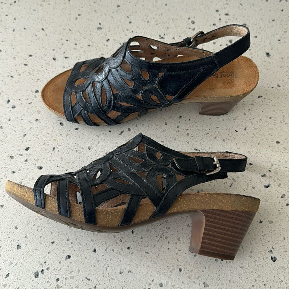 Josef Seibel Women's Ruth Black Leather Cut Out Open Toe Comfy Sandals Size 40